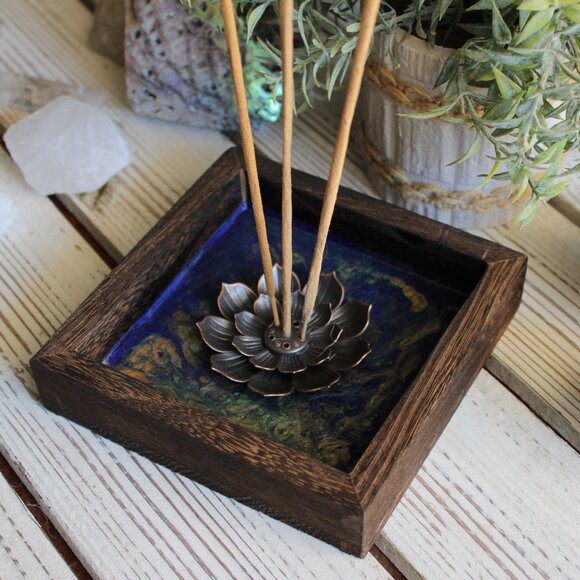 Incense Holder - Lotus  Hand Painted Wood Blue W/Gold - Picture 2 of 4